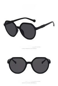 Detailed front and side view of oversized polygonal sunglasses in glossy black frame