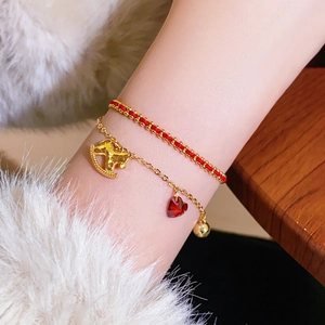 Bracelet Double Couche Cuivre Plaqué Or Corde Rouge Pendentif Cheval À Bascule Zircon Coeur Bijoux Réglables Femmes