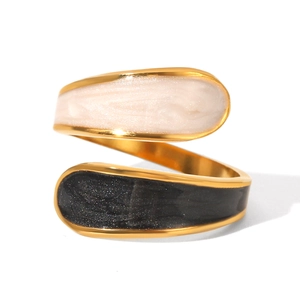 Adjustable gold titanium steel ring with white pearl and glittery grey enamel inlay