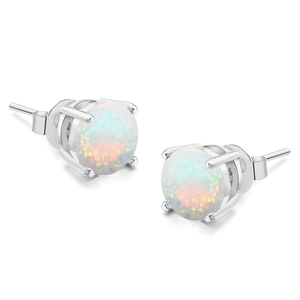 Classic silver four-prong round white opal stud earrings for women in minimalist style