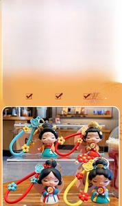 Creative Tang Dynasty doll keychains set with colorful traditional Hanfu and floral straps
