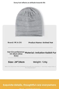 Detail of light gray faux rabbit fur knit hat showing ribbed texture and 54-60cm sizing