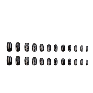 Short square black press-on nails with glitter accents and glossy finish 24pcs set