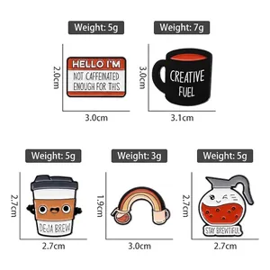 Set of funny enamel pins with coffee motifs and rainbow pins showing weight and size