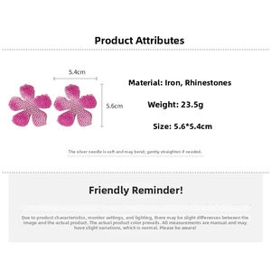 Detail showing pink rhinestone flower earring dimensions 5.6x5.4cm and 23.5g weight