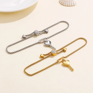 Minimalist adjustable heart key pendant bracelets in gold and silver stainless steel finishes