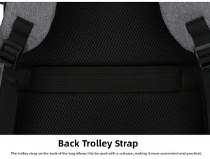 Detail view of the luggage strap on the breathable mesh back of this grey laptop backpack