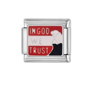 Italian charm link in silver stainless steel with red white and black enamel In God We Trust