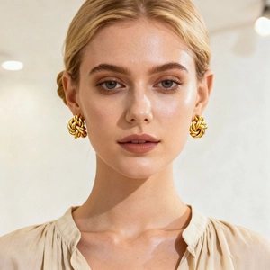 Detail of a model wearing a gold love knot stud earring with a glossy metallic finish