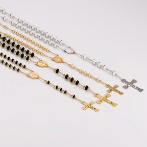 British retro stainless steel rosary necklaces with cross and saint portrait pendants
