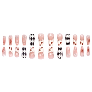 French amber blush diamond pattern long coffin press-on nails with dark art designs