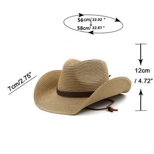 Detail showing dimensions of straw cowboy hat with wide brim and adjustable chin cord