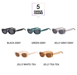 Flat lay of five fashion oval sunglasses in assorted colors with star temple detail