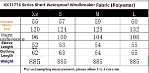 Detailed size chart for women's short waterproof windbreaker with exact measurements