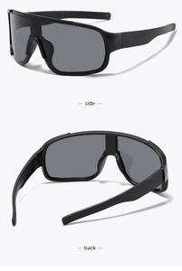 Side and back view of oversized matte black sports sunglasses with grey lenses