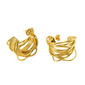 Modern gold multi-layered wire wrap stud earrings with minimalist 3D coiled art design