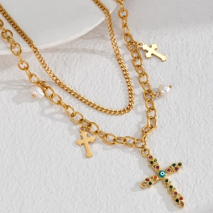 Double-layered 18K gold plated stainless steel necklace with pearl and evil eye cross charms