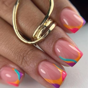 Colorful French Wave Pattern Press On Nails Square Round False Nails Long Length With Glue Ins Style Glossy Finish
