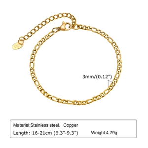 Detailed view of 3mm gold Figaro chain showing 16-21cm length and K18 hallmark tag