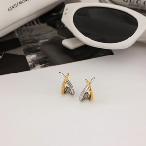Minimalist two-tone stainless steel X-shaped stud earrings with polished finish
