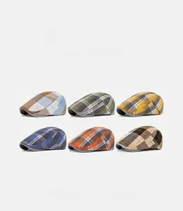 Detailed grid showing six assorted colors of vintage plaid newsboy flat caps for men and women