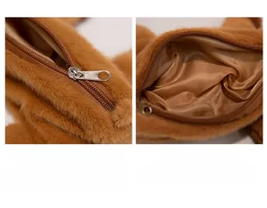 Dettaglio dell'astuccio in peluche con cerniera in metallo e fodera interna marrone