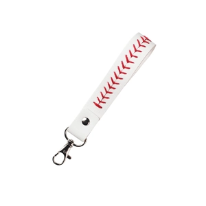 Detail of white baseball stitch keychain strap with red stitching and silver swivel hook