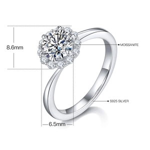 Macro detail of S925 silver ring featuring a 6.5mm moissanite stone and halo setting