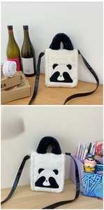 Detailed view of the Angry Panda embroidery on this cute white plush crossbody bag