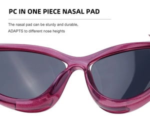 Detail view of durable purple glitter sports sunglasses with integrated PC nose pads