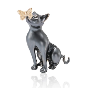 Cute black cartoon cat brooch with a gold butterfly on its nose, elegant alloy jewelry