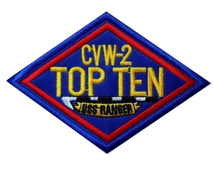 Detailed close-up of diamond-shaped CVW-2 Top Ten USS Ranger military embroidery patch