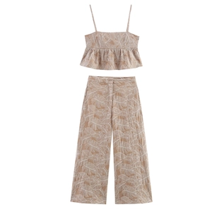 Women Leaf Embroidery Cami Peplum Top And Wide Leg Pants Cotton Linen Summer Casual Boho Streetwear Brown
