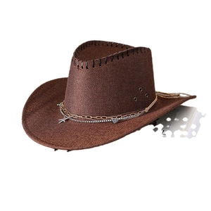 Brown straw cowboy hat with triple decorative chains and a starfish pendant on white background