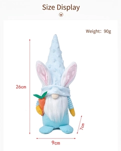 Easter gnome plush toy with rabbit ears holding carrot showing 26x9cm size dimensions