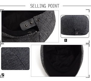 Detail shots of herringbone flat cap featuring metal buckle and premium inner lining