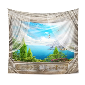 Detail of wall tapestry featuring Mediterranean sea view with white curtains and birds