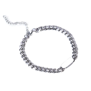 Silver titanium steel Cuban link bracelet with blank ID plate and adjustable lobster clasp