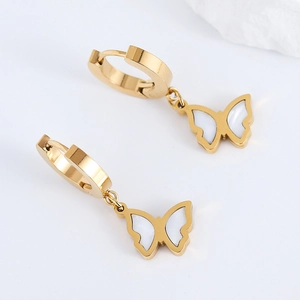 Elegant gold butterfly hoop earrings featuring white shell inlay on a white background