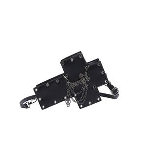 Gothic cross-shaped crossbody bag with metal chains, studs, and skull charm detail