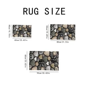 Size chart for diatom mud pebble bath mat showing dimensions in centimeters and inches