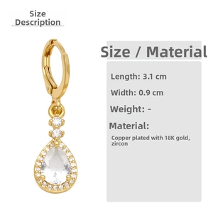 Detailed view of 3.1cm water drop earrings with 18K gold plating and cubic zirconia