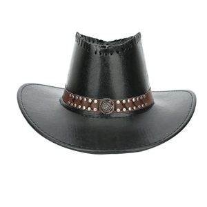Detail of black leather cowboy hat featuring brown studded strap and metal gear emblem