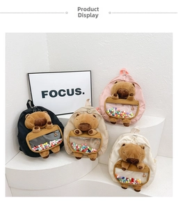 Detailed close-up of colorful capybara backpacks with 3D plushies on white display stairs