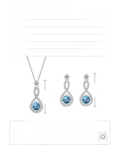 Set gioielli in argento S925 con simbolo infinito, pietre blu e dimensioni dettagliate