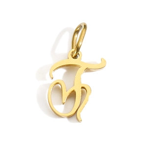 Detailed view of a polished golden letter F alphabet pendant in cursive style