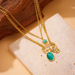 Gold double-layer stainless steel necklace featuring Tree of Life and turquoise pendants
