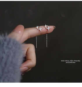 Detailed view of S925 sterling silver star tassel earrings with zircon inlays