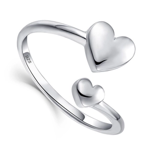 Minimalist S925 sterling silver open ring featuring double heart design on white background