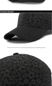 Detail of black baseball cap showing floral jacquard texture and reinforced hard brim